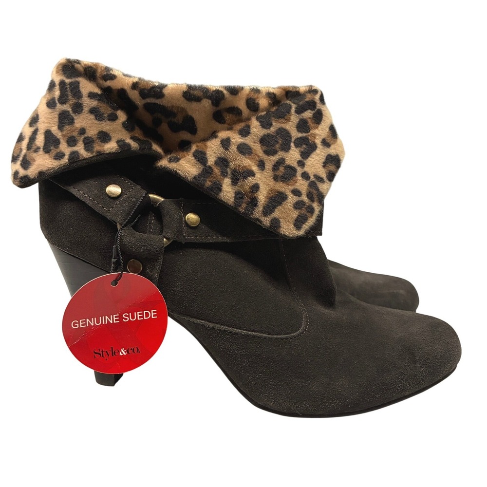 Style & Co Fold Over Ankle Boots Womens 7M Brown Suede Leopard Heel Party NWT